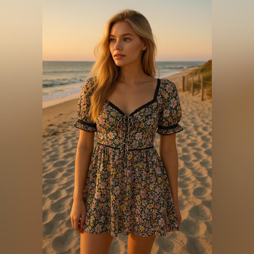 BTB Los Angeles, Black Floral Puff Sleeve Mini Dress, Size S (Sample) | 0307